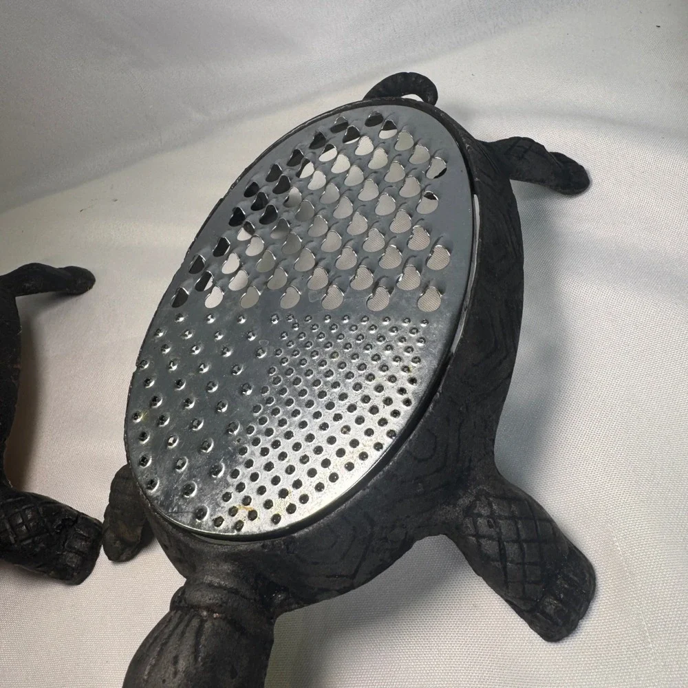 Vintage Cast Iron Turtle Cheese Grater and Wood Trivet Set Black Rustic Decor